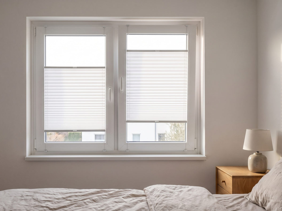 Schlafzimmer mit weißem Plissee am zweiflügeligen Fenster