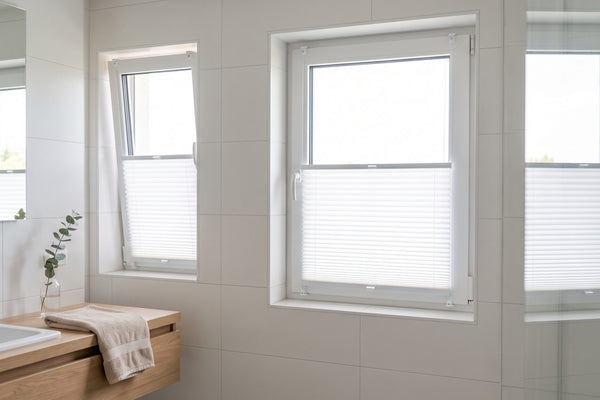 Badezimmerfenster mit weißem Plissee, unten blickdicht geschlossen