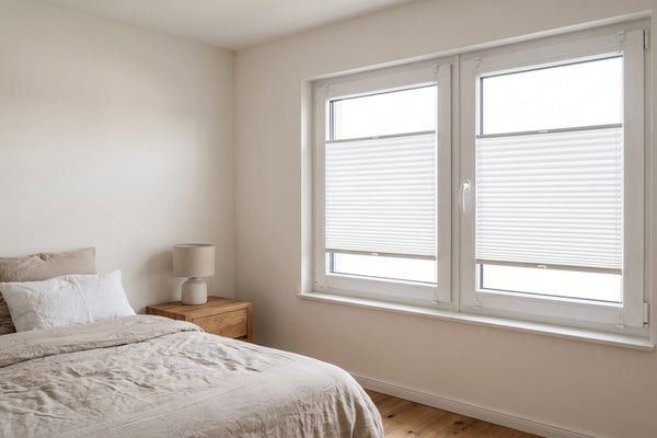 Helles Schlafzimmer, weißes Plissee vor dem zweiflügeligen Fenster