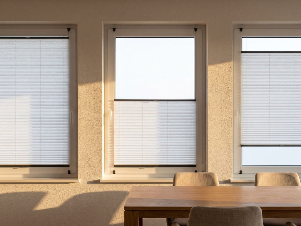 Esszimmer mit drei Fenstern, alle drei mit weißem Plissee auf gleicher Höhe