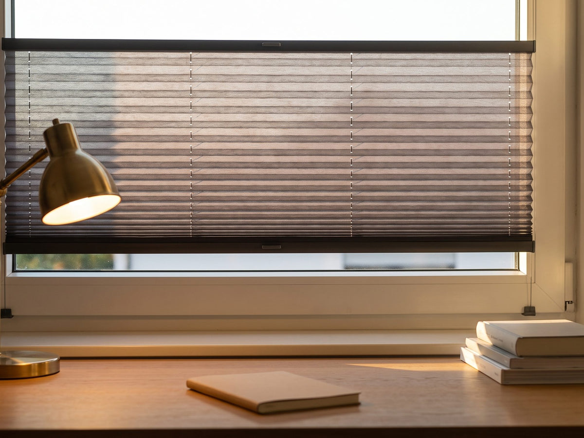 Arbeitsplatz am Fenster, Plissee auf halber Höhe – oben Ausblick, unten blendfrei