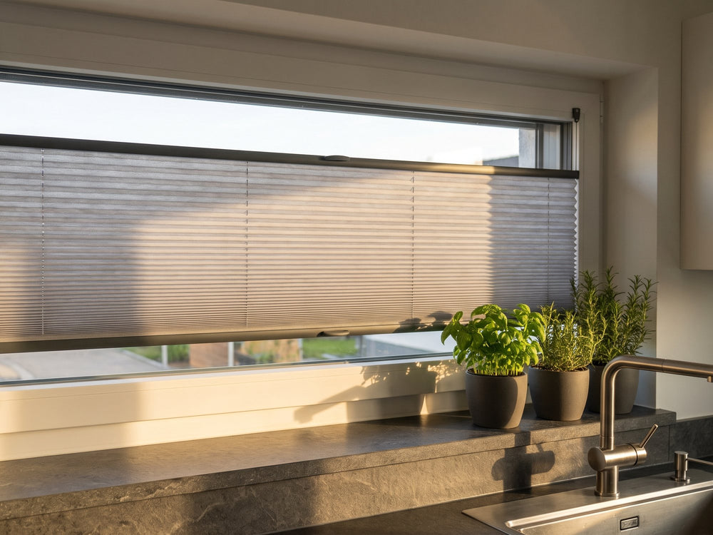 Breites Küchenfenster mit grauem Plissee, darunter Kräuter auf der Arbeitsplatte